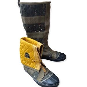 Sorel Boots Wool Suede Fold Over Green Gold Black Tall Boot Women’s 6.5